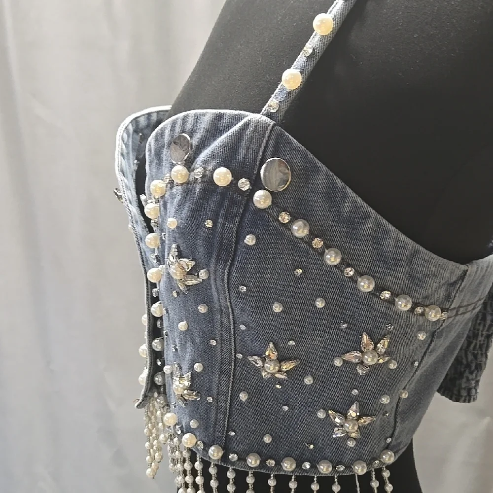 La'Rose Embellished Crystals Stones  Pearls Denim Crop Top Size Large - Picture 4 of 11
